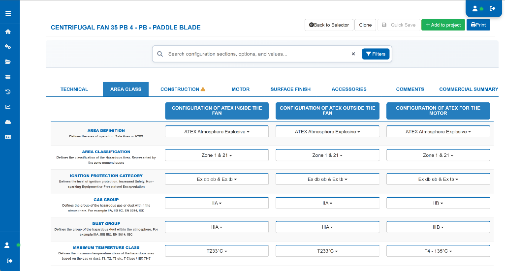 Fan Constructor ATEX configuration screen showing zone, gas group and temperature class validation