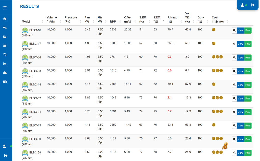 Fan Constructor selection results table ranking matching fans by absorbed power, efficiency, speed and noise