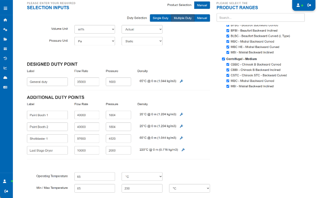 Fan Constructor selection conditions screen showing automatic, manual and multi duty selection inputs