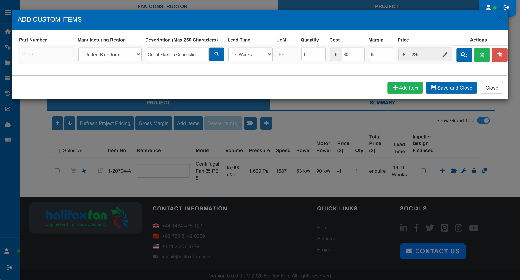 Fan Constructor project page showing configured fan items, revisions and quotation summary