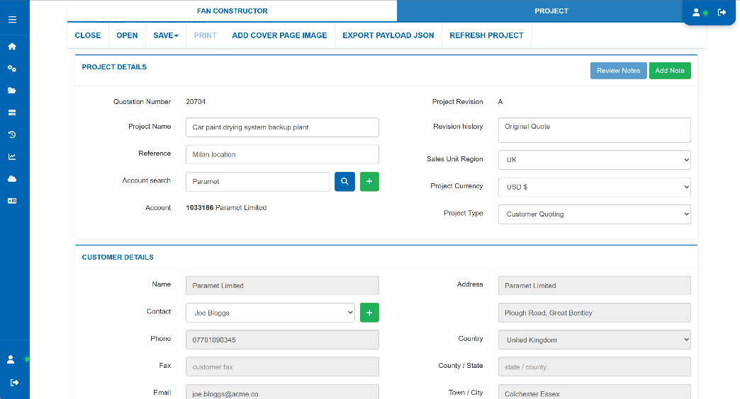 Fan Constructor project page showing configured fan items, revisions and quotation summary