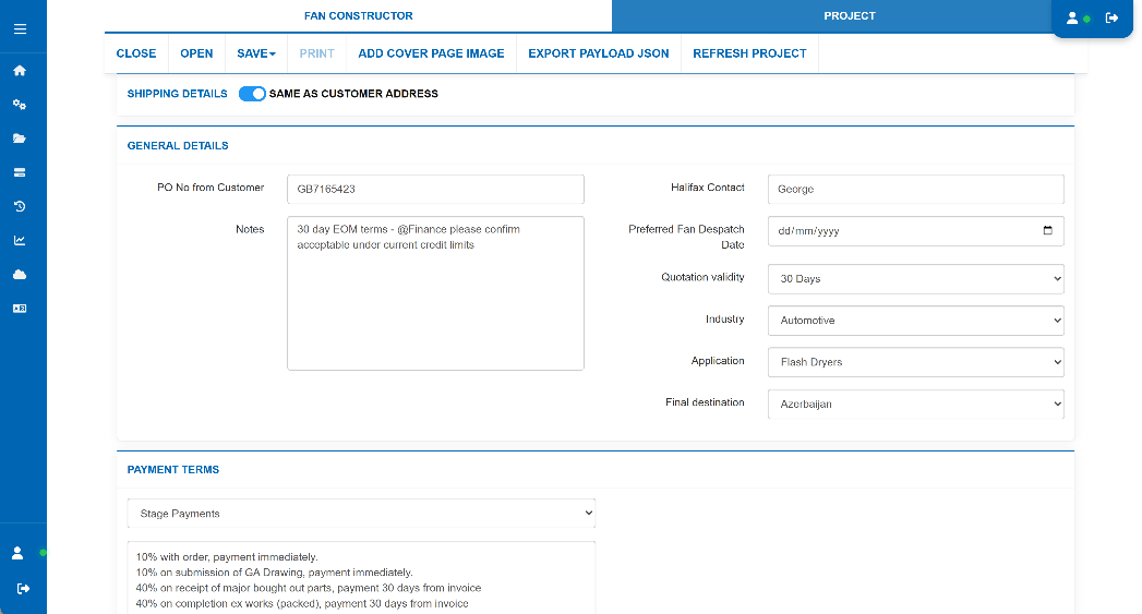 Fan Constructor project page showing configured fan items, revisions and quotation summary