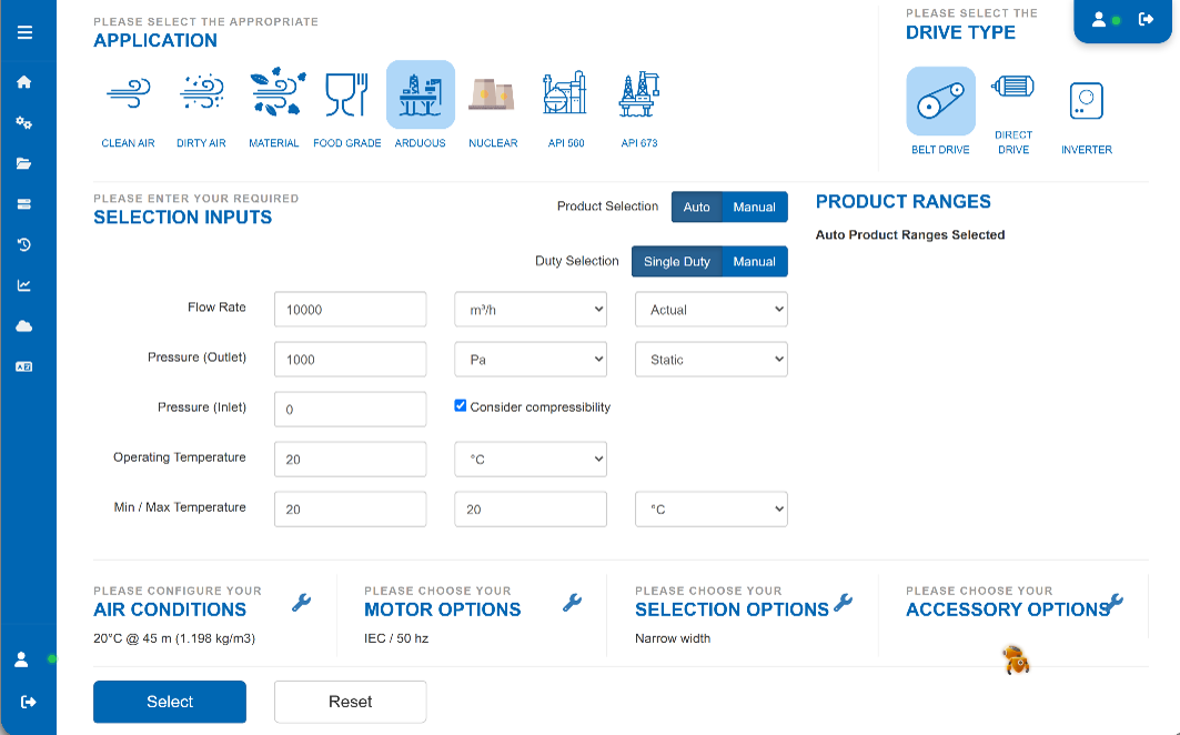 Fan Constructor selection results ranking matching fans by power, efficiency, speed and noise